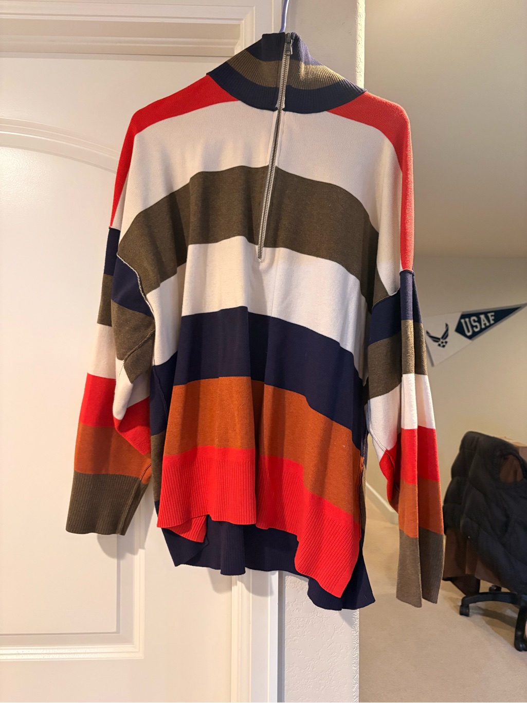 Free People Striped Half-Zip Sweater In Navy, Olive, Cream